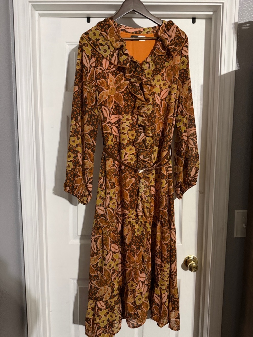 Women’s Floral Ruffle Midi Dress in Brown and Pink